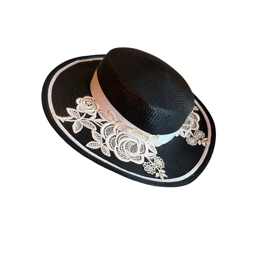Vintage Boater Hat Black Cream Lace Floral Wide Brim Skimmer Formal Hat